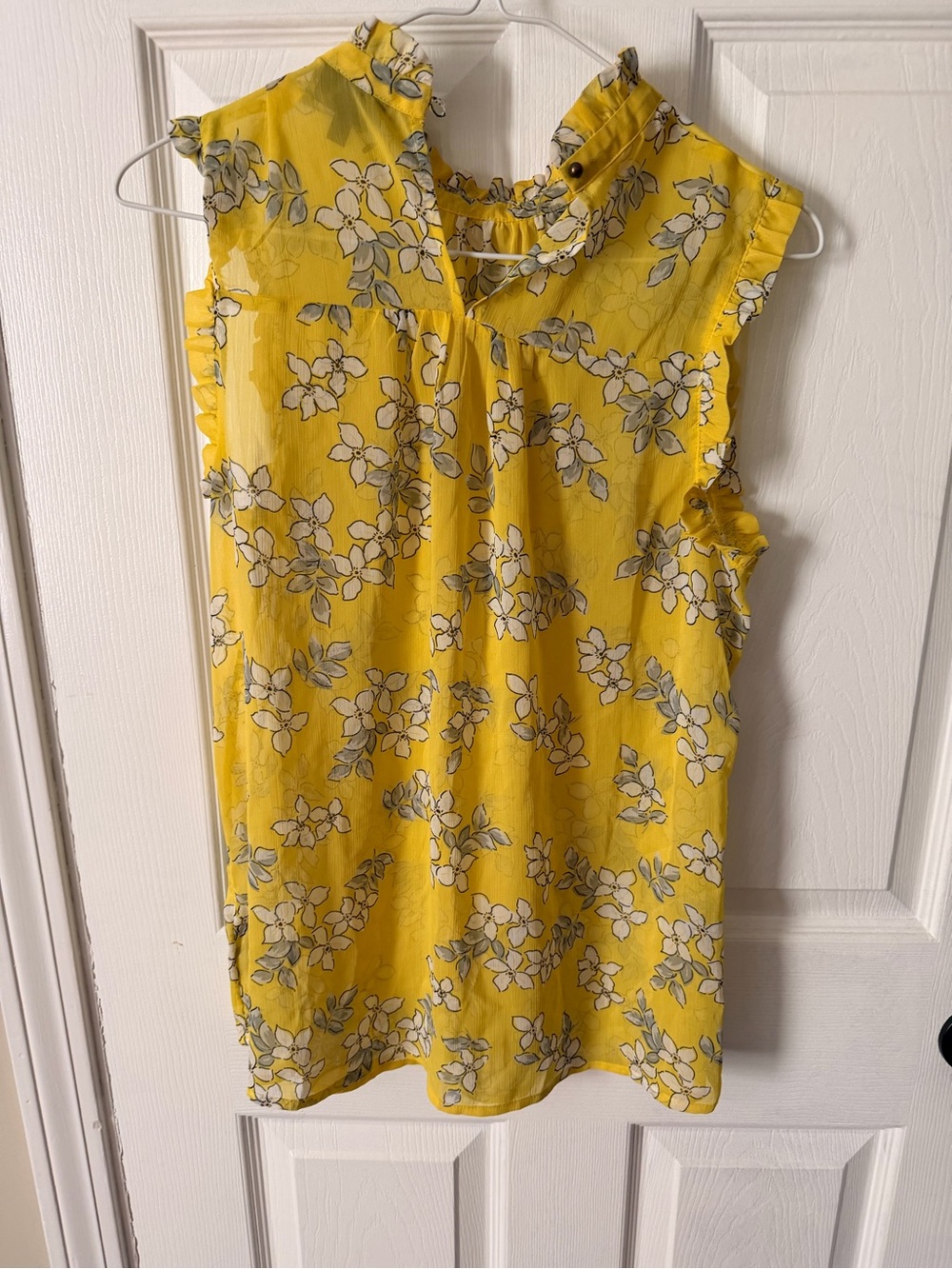 Yellow Floral Ruffle Neck Sleeveless Blouse